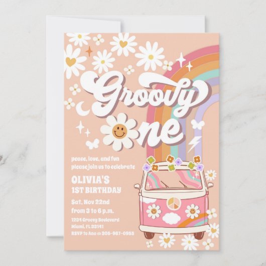 Groovy Retro First Birthday Invitation 招待状 (正面)