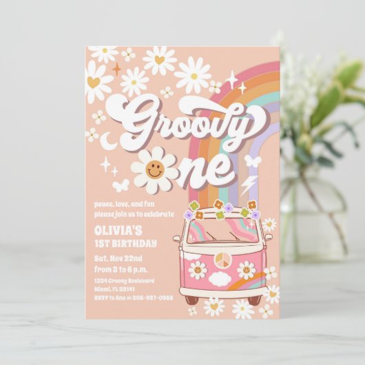 Groovy Retro First Birthday Invitation 招待状 (スタンド正面)