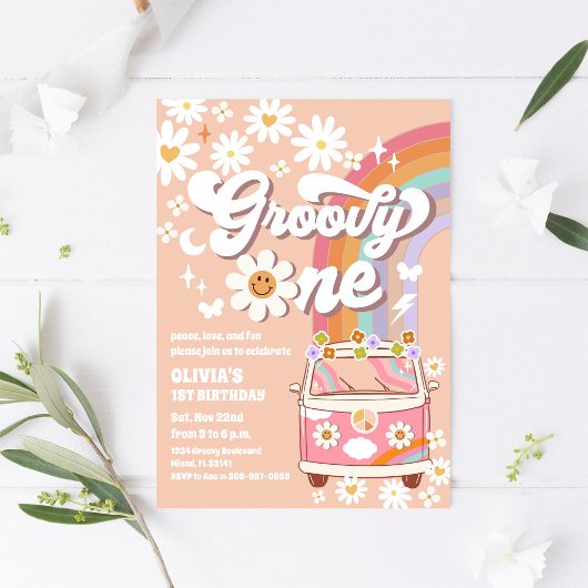 Groovy Retro First Birthday Invitation 招待状