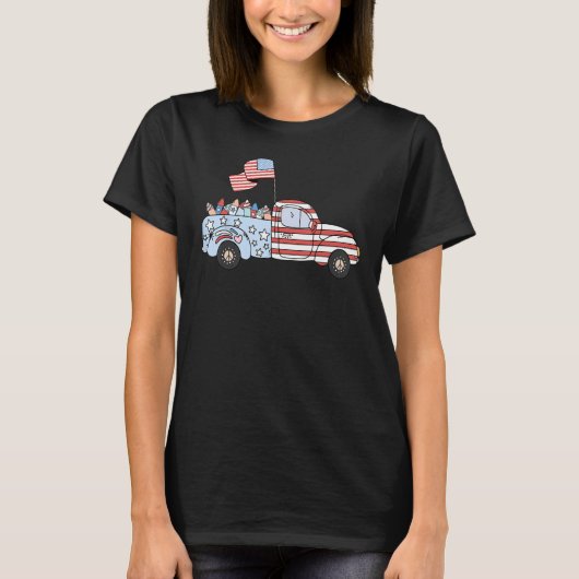 Groovy Retro Truck 4th Of July Fireworks Patriotic Tシャツ (正面)