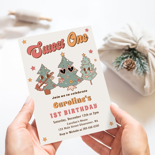 Groovy Rockin'クリスマスツリーヒッピー誕生日 招待状