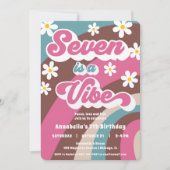 Groovy SevenはVibeピンクのティール（緑がかった色）女の子7歳の誕生日である 招待状 (正面)