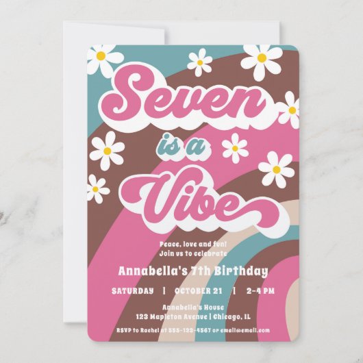 Groovy SevenはVibeピンクのティール（緑がかった色）女の子7歳の誕生日である 招待状 (正面)