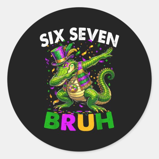 Groovy Six Seven Bruh Alligator Dabbing Mardi Gras ラウンドシール (正面)