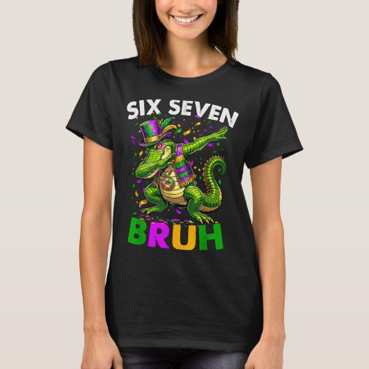 Groovy Six Seven Bruh Alligator Dabbing Mardi Gras Tシャツ (正面)