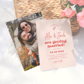 Groovy Sparkleレトロ70sピンク&レッドフォト結婚ズ 招待状