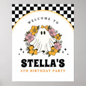 Groovy Spooky Girl Halloween Birthday Welcome Sign ポスター (正面)