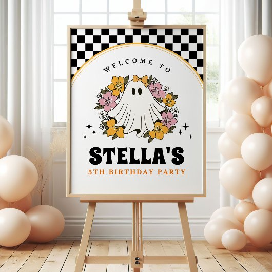 Groovy Spooky Girl Halloween Birthday Welcome Sign ポスター