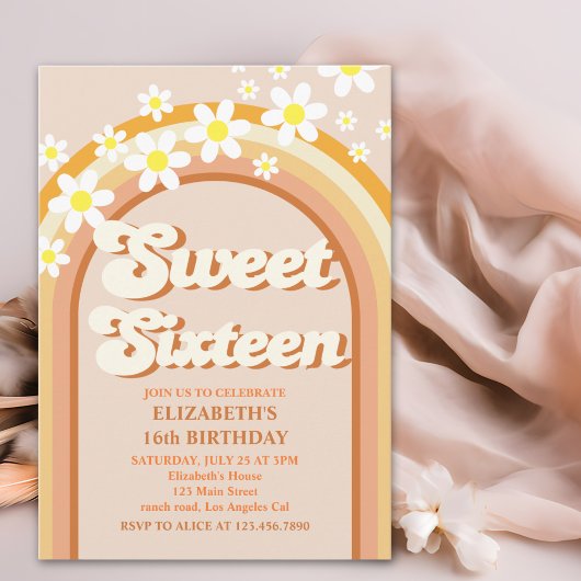 Groovy Sweet Sixteen | Retro Rainbow & Daisy Flowe 招待状