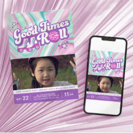 Groovy SwirlsカラフルローラーDiscoパーティー写真 招待状