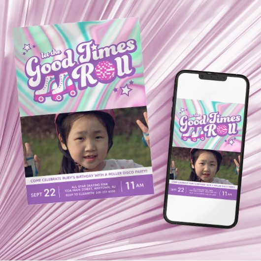 Groovy SwirlsカラフルローラーDiscoパーティー写真 招待状