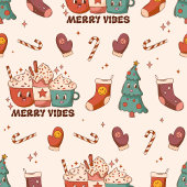 Groovy Table Runner Retro Pastel Holiday Magic ロングテーブルランナー