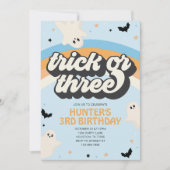 Groovy Trickまたは3男の子3歳の誕生日ハロウィーン 招待状 (正面)