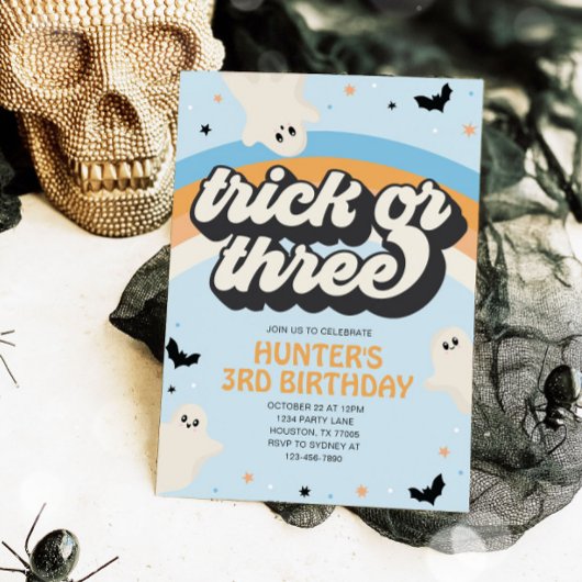 Groovy Trickまたは3男の子3歳の誕生日ハロウィーン 招待状