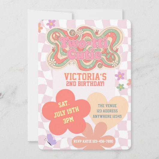 Groovy Two-tti Cutie, Retro Pinks 2nd Birthday 招待状 (正面)