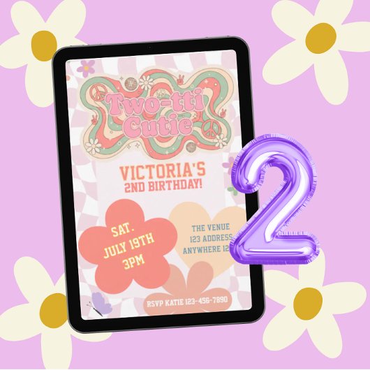 Groovy Two-tti Cutie, Retro Pinks 2nd Birthday 招待状