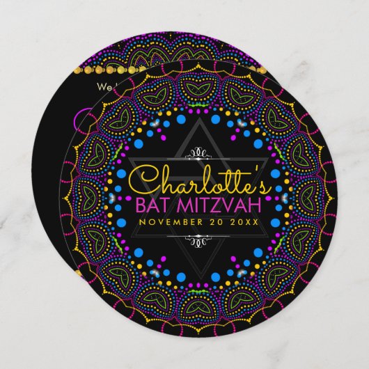 Groovy UVボヘミアンバルミツワーラウンド招待状 招待状 (正面/裏面)