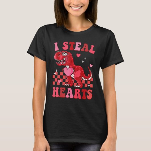 Groovy Valentine Day I Steal Hearts Dinosaur Coupl Tシャツ (正面)