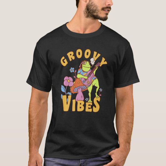 Groovy Vibesレトロフロッグ遊ズギターマッシュルームFl Tシャツ (正面)