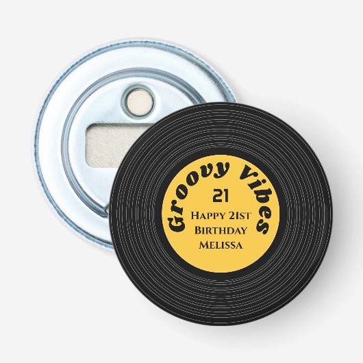 Groovy Vinyl Record Yellow Happy 21st Birthday 栓抜き (正面)