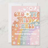 Groovy Wildと3つのHippie 3番目の誕生日パーティー 招待状 (正面)