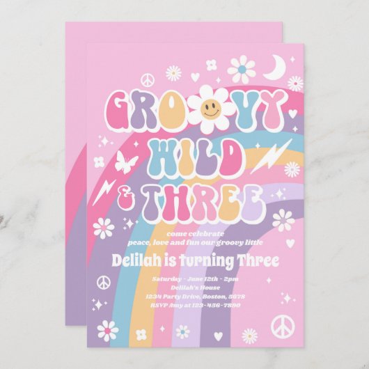 Groovy Wildと3つのHippie 3番目の誕生日パーティー 招待状 (正面/裏面)