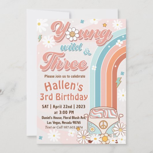 Groovy Young Wild & Three Rainbow 3歳の誕生日 招待状 (正面)