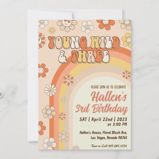 Groovy Young Wild & Three Rainbow 3歳の誕生日 招待状 (正面)