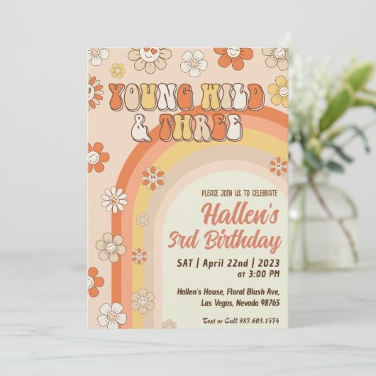 Groovy Young Wild & Three Rainbow 3歳の誕生日 招待状 (スタンド正面)