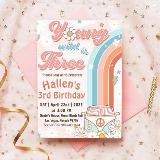 Groovy Young Wild & Three Rainbow 3歳の誕生日 招待状