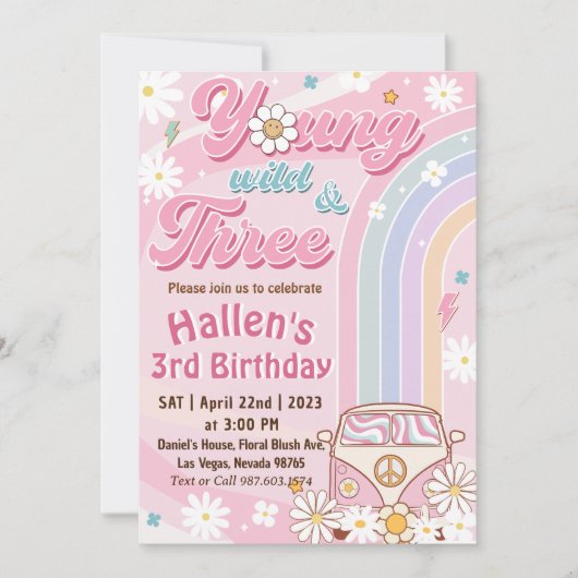 Groovy Young Wild & Three Rainbow 3歳の誕生日 招待状 (正面)