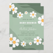 GroovySageグリーンレトロボホデイジーベビーシャワー 招待状 (正面/裏面)