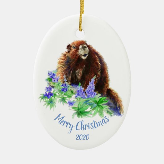 Groundhog Animalカスタム Christmas Marmotの日付が付いた セラミックオーナメント (正面)