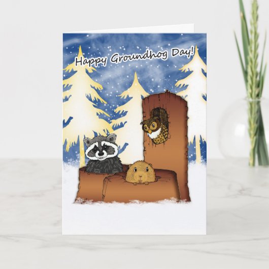 Groundhog Day Card - Grounddog、Racoon、Owl カード (正面)