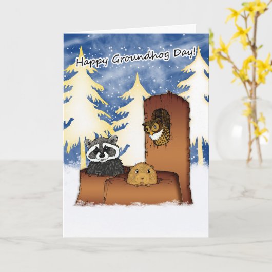 Groundhog Day Card - Grounddog、Racoon、Owl カード (黄色い花)