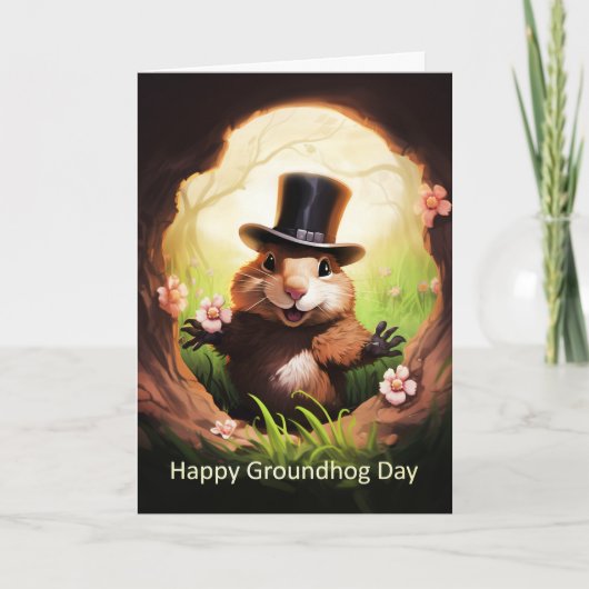 Groundhog Day Greeting Card With Cute Groundhog シーズンカード (正面)
