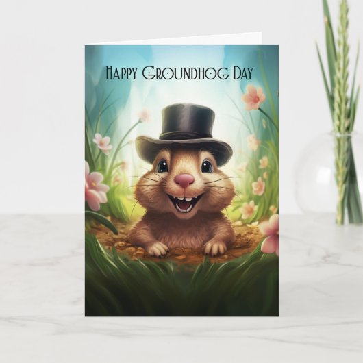 Groundhog Day Greeting Card With Cute Groundhog シーズンカード (正面)