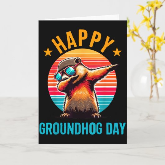 Groundhog Day Happy Dabbing Ground Hog Kids Funny カード (黄色い花)