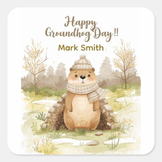Groundhog Day Watercolor Stickers | Cute Classroom スクエアシール (正面)