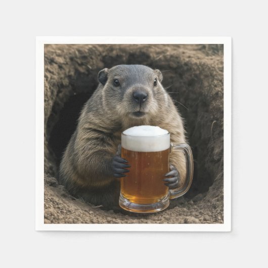 Groundhog With Mug of Beer スタンダードカクテルナプキン (正面)