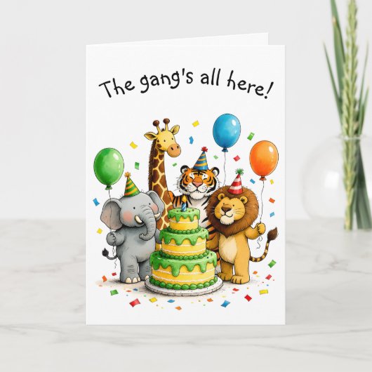 Group Birthday Whimsical Animals in Party Hats カード (正面)