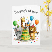 Group Birthday Whimsical Animals in Party Hats カード (黄色い花)