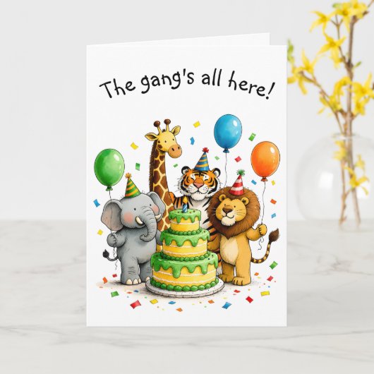 Group Birthday Whimsical Animals in Party Hats カード (黄色い花)