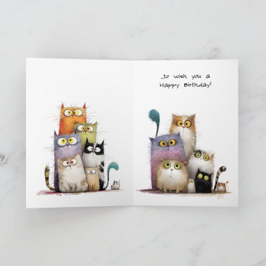 Group Birthday with Big Eye Quirky Cats Greeting カード (内部)