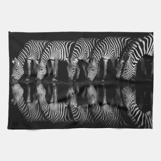 Group of Plains Zebra Drink Together at Night キッチンタオル (横)