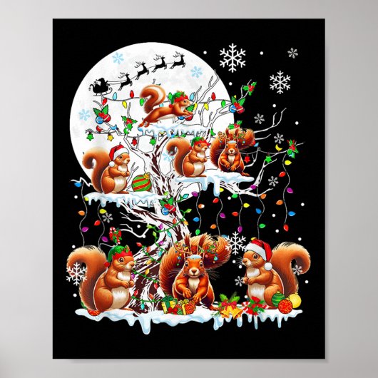Group Santa Reindeer Elf Squirrels On Tree Christm ポスター (正面)