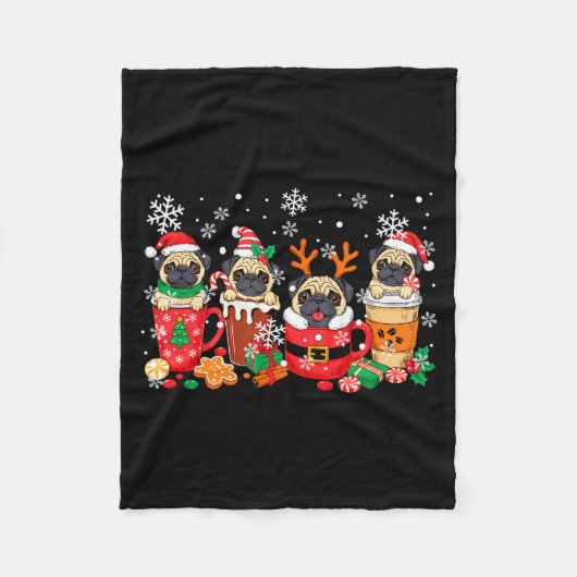 Group Santa Reindeer Pugs In Coffee C Christmas フリースブランケット (正面)
