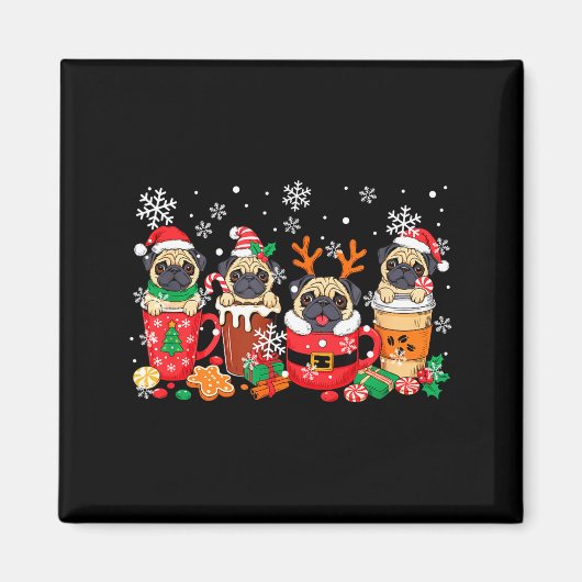 Group Santa Reindeer Pugs In Coffee C Christmas  マグネット (正面)