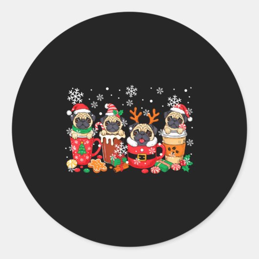 Group Santa Reindeer Pugs In Coffee C Christmas  ラウンドシール (正面)