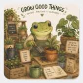 Grow Good Things かわいいガーデニングカエルステッカー – Pla スクエアシール (正面)